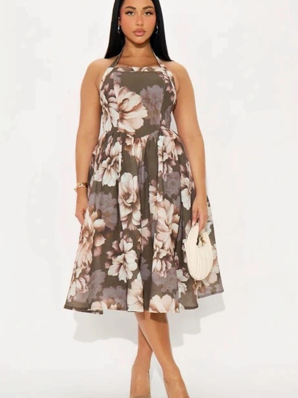 Lulus Adalina Brown and White Floral Halter Midi Dress